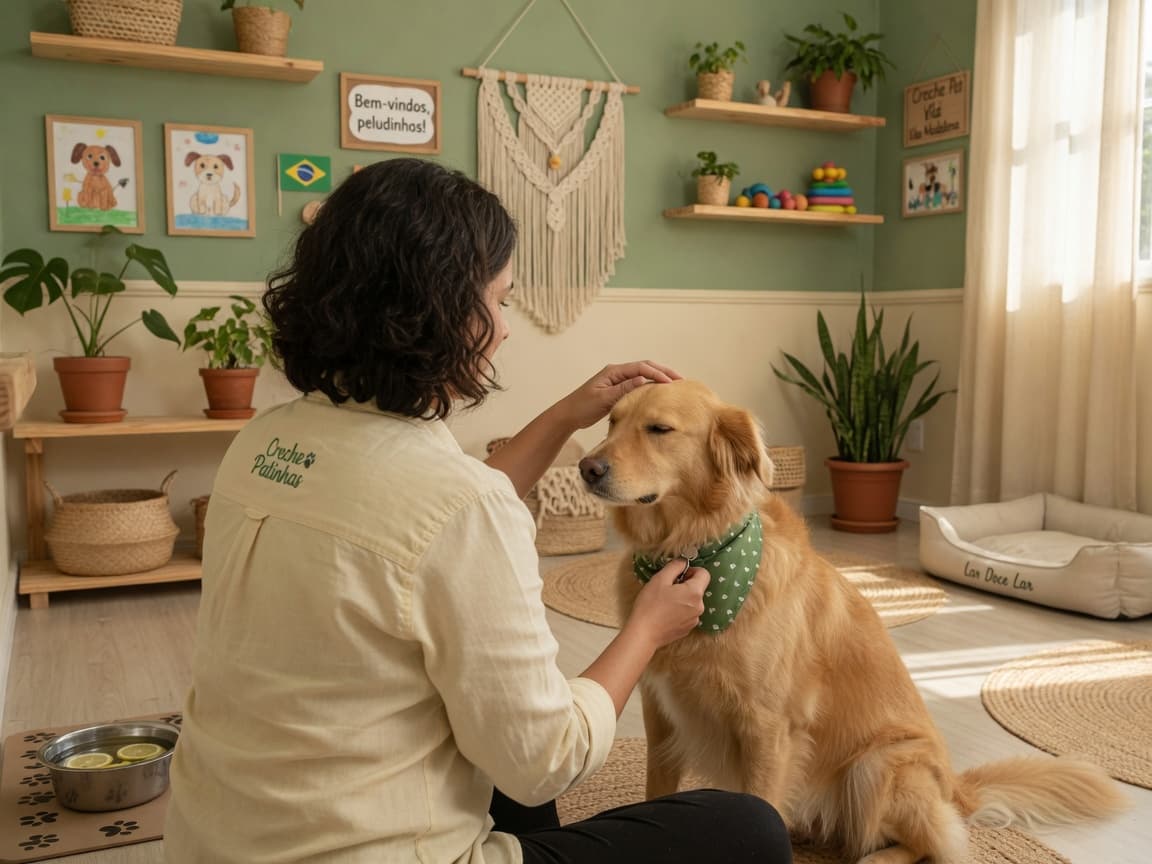 Cuidadora acariciando cachorro na Pet Lar Creche